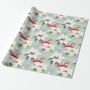 Papier Cadeau Élégante Poinsettias de Noël Rose Blanc