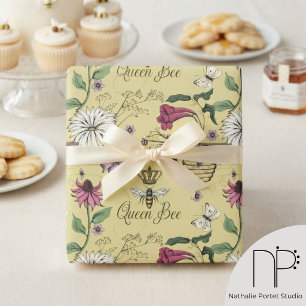 Papier Cadeau Élégante Reine Abeille et Fleurs de la Fête des Mè