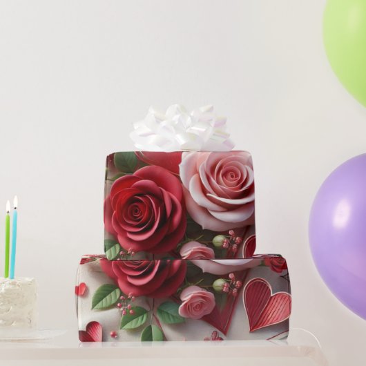 Papier Cadeau Élégante Rose rouge et Coeurs Saint-Valentin (Cadeaux de fête)