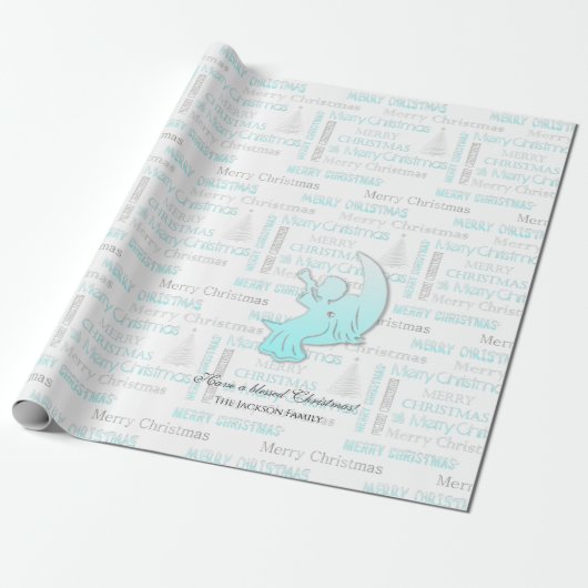 Papier Cadeau Élégante typographie de Noël Turquoise et Argent (Déroulé)