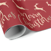 Papier Cadeau Élégante typographie or Joyeux rennes de Noël (Coin rond)