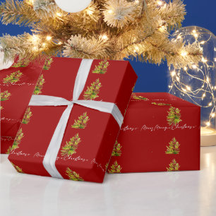 Papier Cadeau Élégante verdure Botanique Joyeux Noël Rouge