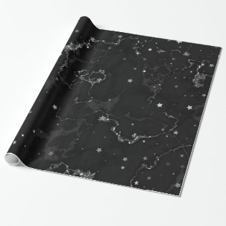 Papier Cadeau Élégantes étoiles en marbre noir argenté