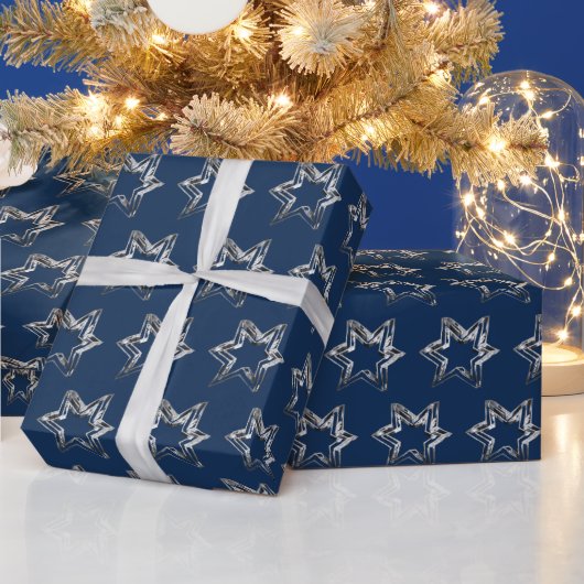 Papier Cadeau Elégantes Etoiles Motif Noël Faux Argent Bleu (Vacances)