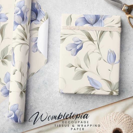 Papier Cadeau Élégantes fleurs bleues sur fond crème