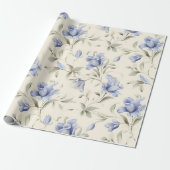 Papier Cadeau Élégantes fleurs bleues sur fond crème (Déroulé)