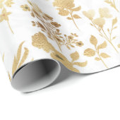 Papier Cadeau Élégantes Fleurs d'or Blanc Botanique (Coin rond)