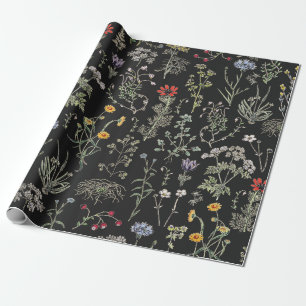 Papier Cadeau Élégantes Fleurs Sauvages Botaniques Vintage Noir