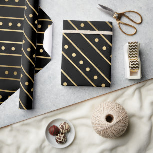Papier Cadeau Élégantes rayures de Noël noir et or à pois