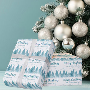 Papier Cadeau Élégants arbres d'hiver personnalisés Bleu Joyeux 