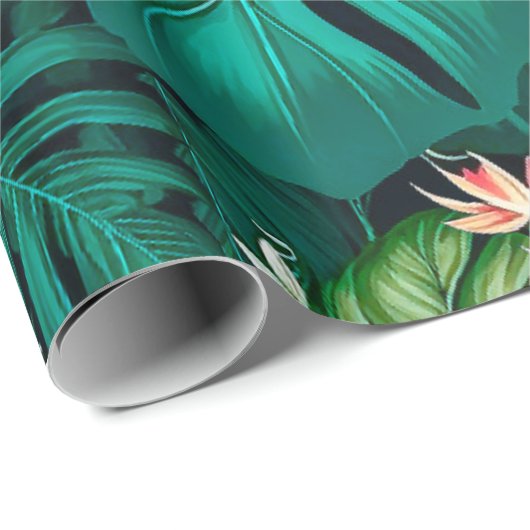 Papier Cadeau Élégants Feuilles tropicaux et fleurs d'Hibiscus | (Coin rond)