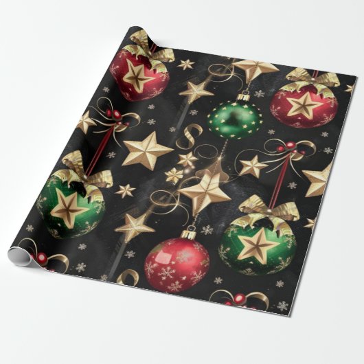Papier Cadeau Élégants ornements de Noël et étoiles d'or (Déroulé)
