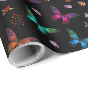 Papier Cadeau Élégants papillons colorés sur le noir