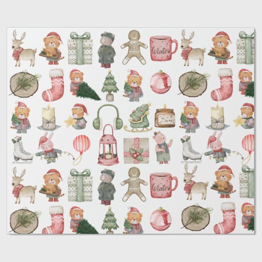 Papier Cadeau Eléments de Noël verts et rouges classiques (Plat)