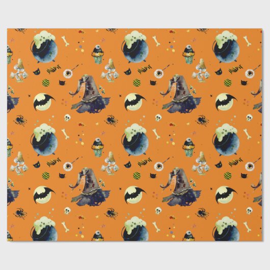 Papier Cadeau Eléments d'Halloween sur Orange (Plat)
