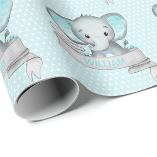 Papier Cadeau Éléphant avec prénom personnalisé bébé garçon bleu