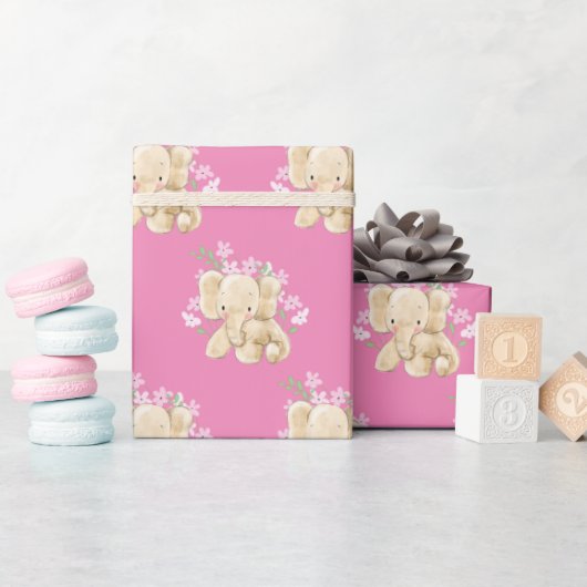 Papier Cadeau Eléphant Bébé En Fleurs (Baby Shower)