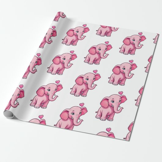 Papier Cadeau Eléphant Bébé Rose Cute Avec Amour (Déroulé)