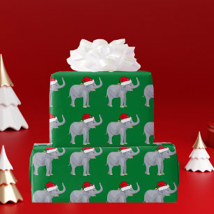 Papier Cadeau Éléphant de Noël en vert de casquette de Père