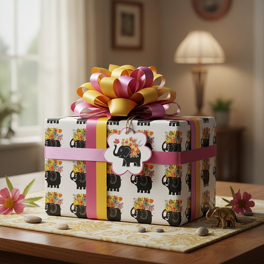 Papier Cadeau Éléphant et fleurs