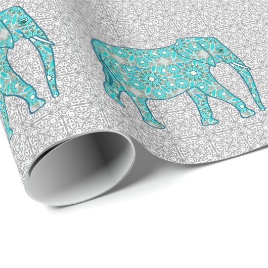 Papier Cadeau Eléphant fleur Mandala - turquoise, gris & blanc (Coin rond)