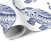 Papier Cadeau Eléphant Floral Cute En Blanc Et Bleu Marine (Coin rond)