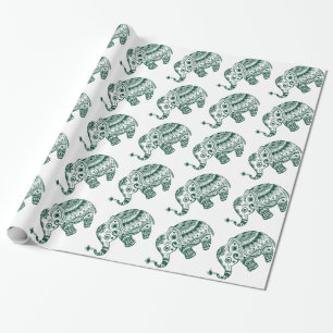 Papier Cadeau Eléphant Floral Cute En Forêt Blanche Vert