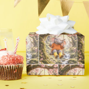Papier Cadeau Éléphant heureux sur une balançoire d'un cerisier