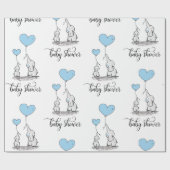 Papier Cadeau Elephant maman & Baby shower bleu gris blanc garço (Plat)