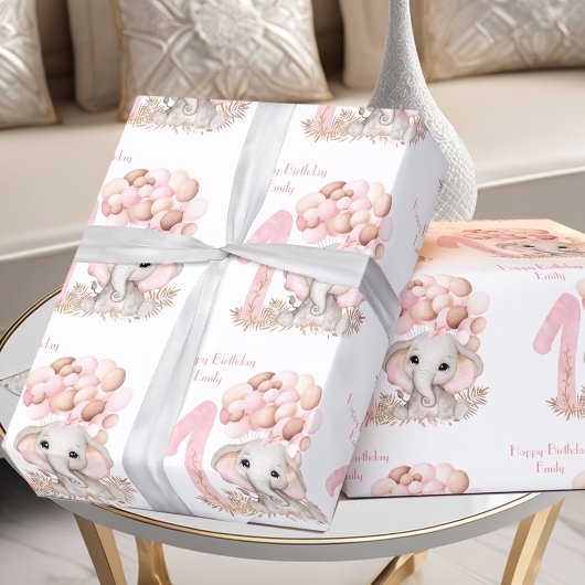 Papier Cadeau Eléphant mignon 1er Anniversaire Fille rose Person