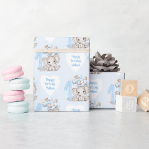 Papier Cadeau Eléphant mignon 1er anniversaire Garçon bleu Per