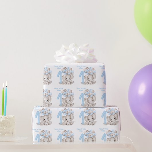 Papier Cadeau Eléphant mignon | 1er anniversaire Garçon bleu Per (Cadeaux de fête)