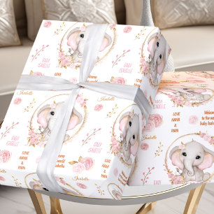 Papier Cadeau Eléphant mignon Floral Blanc rose Fille Nom Texte