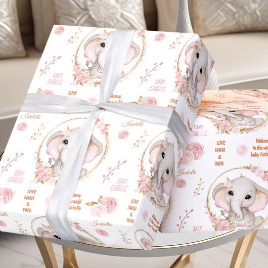 Papier Cadeau Eléphant mignon Floral Blanc rose Fille Nom Texte