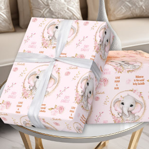 Papier Cadeau Eléphant mignon Floral Rose Baby Girl Nom personna