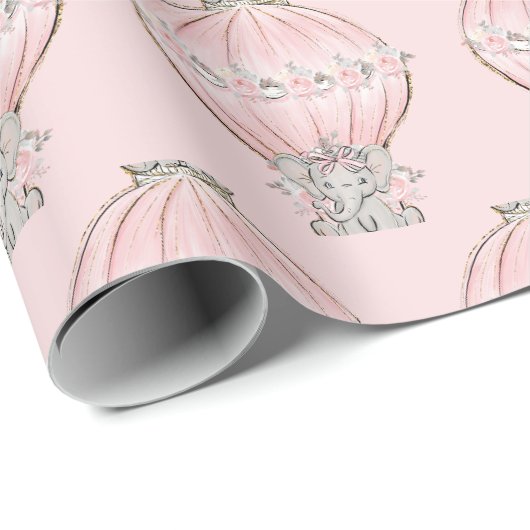 Papier Cadeau Éléphant Princesse Rose Montgolfière (Coin rond)