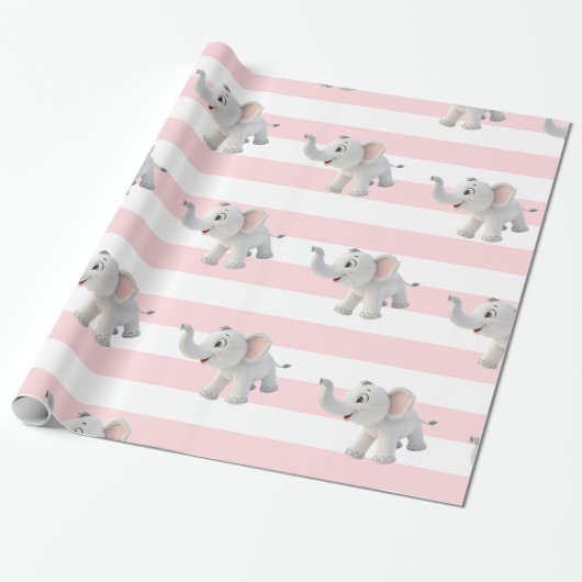 Papier Cadeau Elephant Wrapping Paper Pink & White Stripe  (Déroulé)