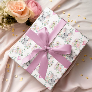 Papier Cadeau Éléphanteau avec pivoines et ballon Baby Shower