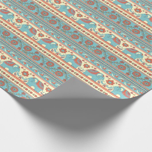 Papier Cadeau Eléphants, fleurs, motif ethnique rayé (Coin)