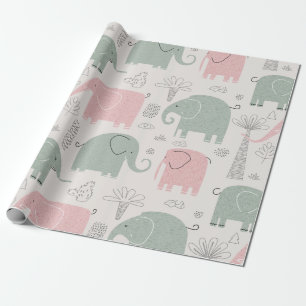 Papier Cadeau Eléphants verts roses Enfants modernes
