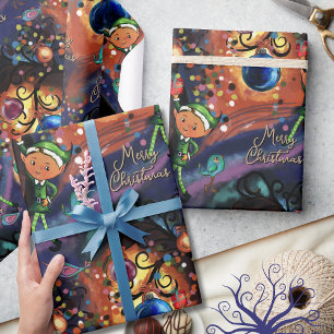 Papier Cadeau Elf Magique & Oiseau Noël Fantaisiste