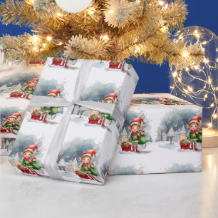 Papier Cadeau elfe de Noël avec un sac de cadeaux