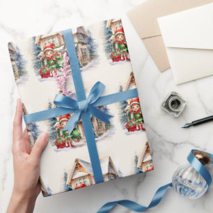 Papier Cadeau elfe de Noël avec un sac de cadeaux