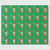 Papier Cadeau Elfe de Noël et flocons de neige sur vert (Plat)