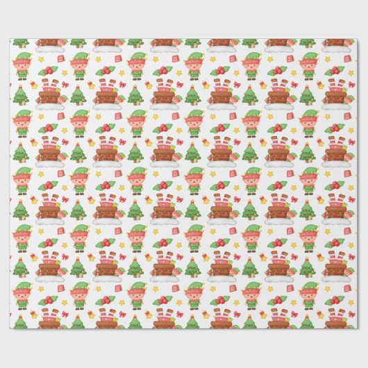 Papier Cadeau Elfe de Noël vert mignon (Plat)