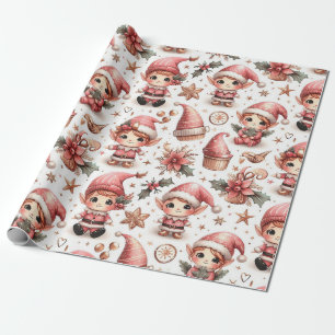 Papier Cadeau Elfes de Noël roses