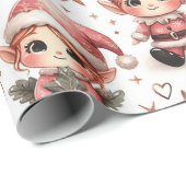 Papier Cadeau Elfes de Noël roses (Coin rond)