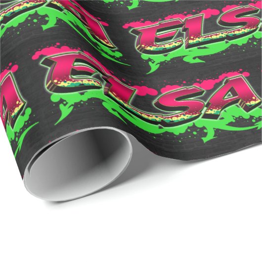 Papier Cadeau Elsa prénom nom graffiti rouge vert (Coin rond)