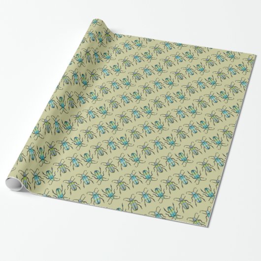 Papier Cadeau Emballage à motif bleu vert d'insectes (Déroulé)