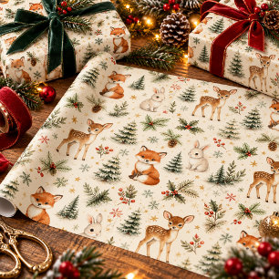 Papier Cadeau Emballage aquarelle Noël cerf renard lapin forêt